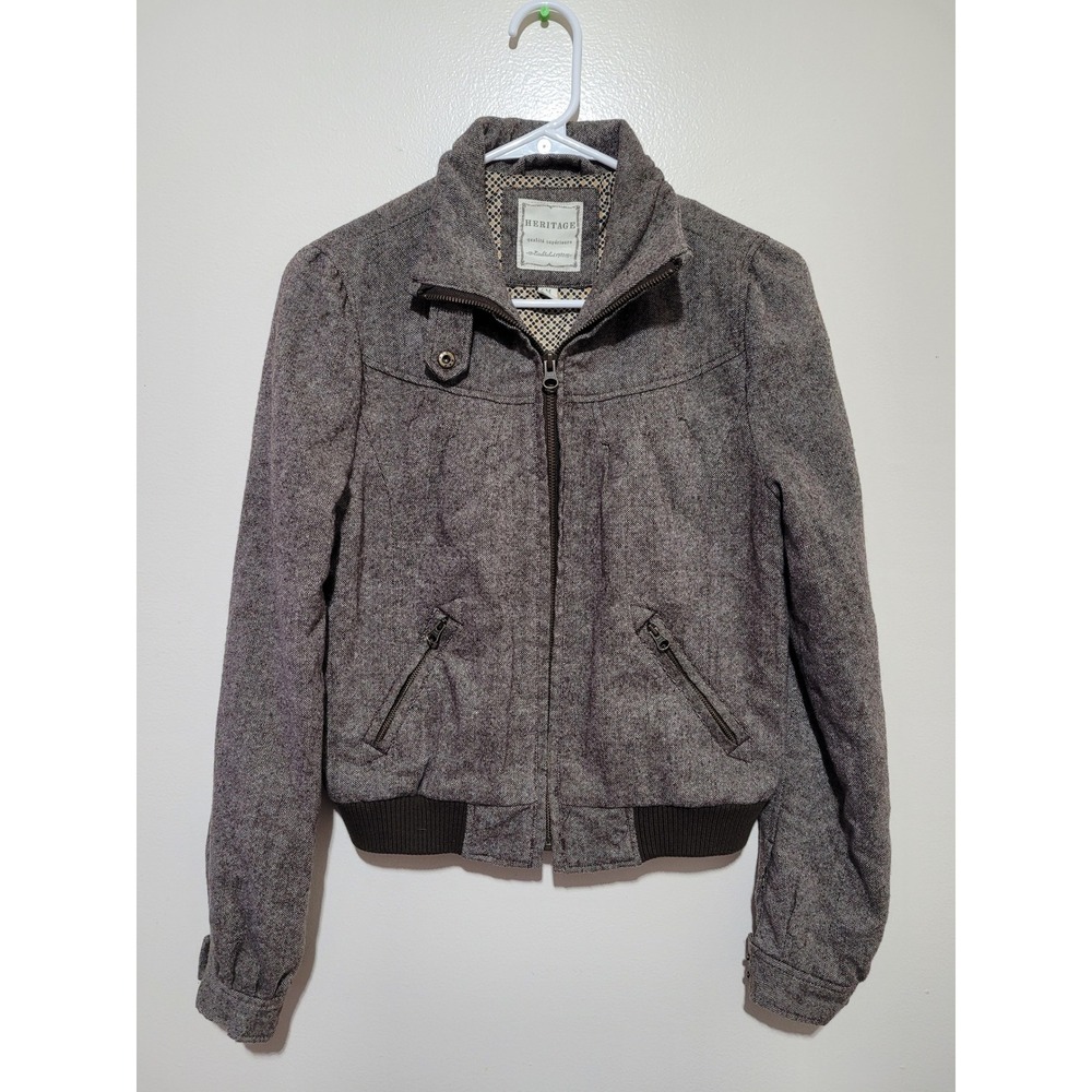 Heritage‎ Wool Blend Bomber Jacket Womens Medium Brown Tweed Full Zip Mock Neck